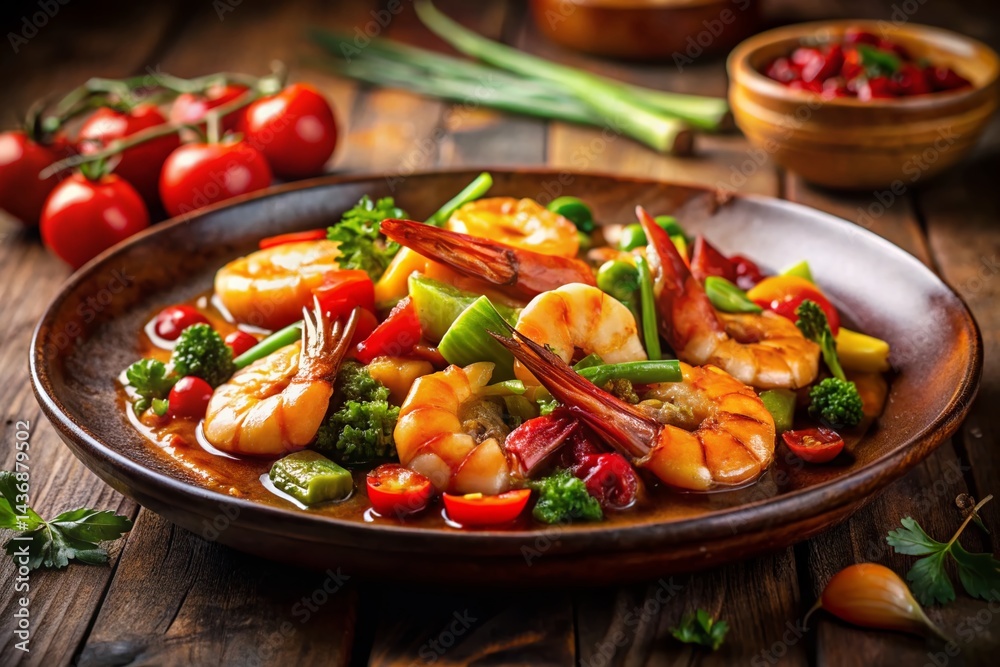 Delicious Shrimp & Vegetable Stir-Fry in Low Light - Stock Photo Delicious Shrimp & Vegetable Stir-Fry in Low Light - Stock Photo