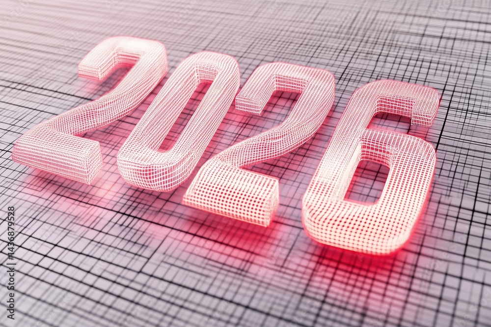 Three dimensional digital representation of the year 2026 in vibrant hues