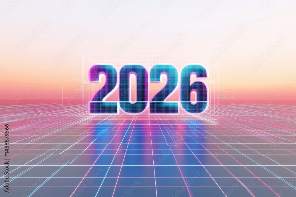 Digital render of the year 2026 in a futuristic landscape at sunset