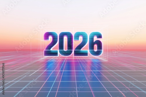 Obraz na płótnie Digital render of the year 2026 in a futuristic landscape at sunset w salonie