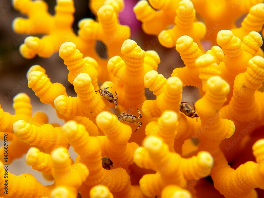 A yellow coral with two crabs on it. The coral is yellow and has a lot of bumps