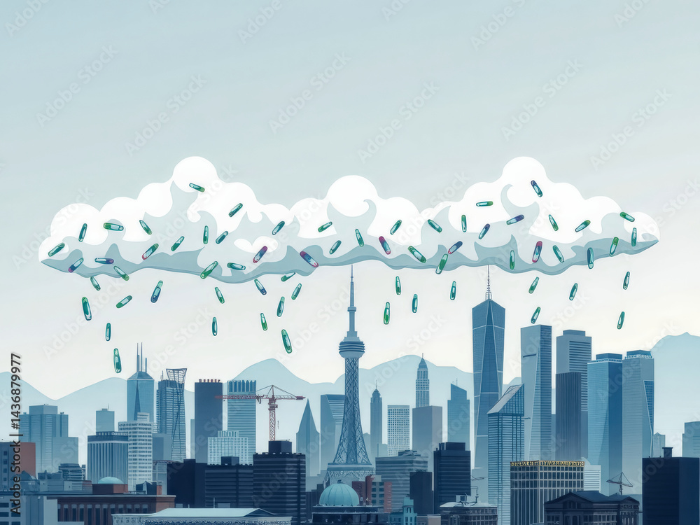 A city skyline with a cloud of money raining down on it. The city is in the background and the cloud is in the foreground