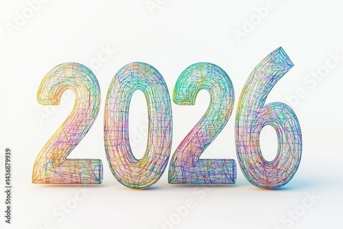 Colorful digital render of the year 2026 with intricate line designs and textures