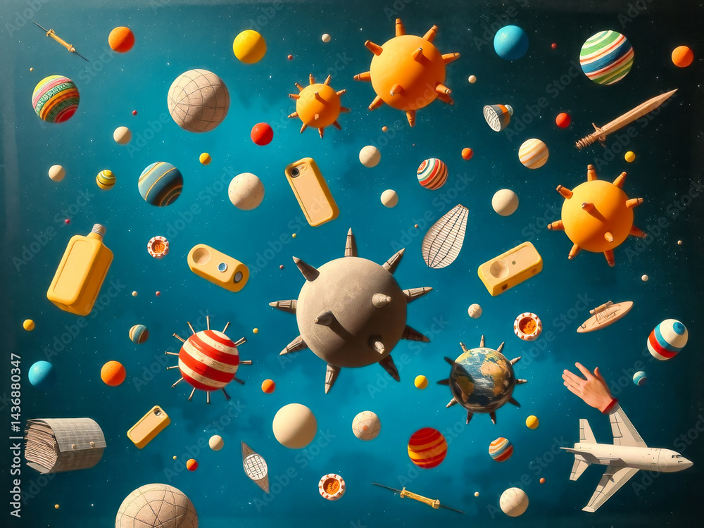 A colorful space scene with a large yellow ball in the middle. The yellow ball is surrounded by many other balls, some of which are small and some are large. There is also a plane in the scene