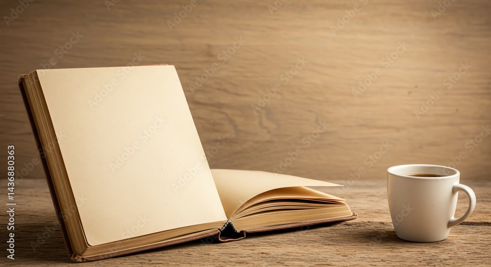 Fototapeta premium Open Book and Coffee Mug on Wood Table, Reading Concept