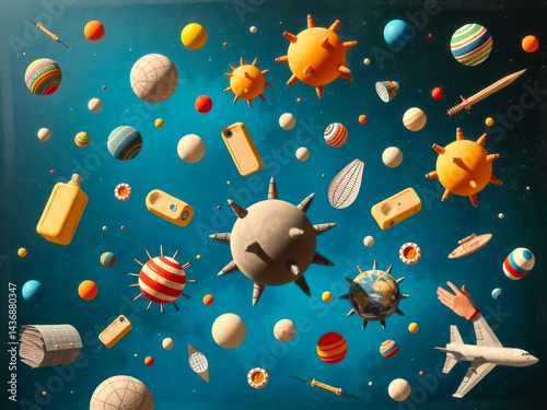 Obraz na płótnie A colorful space scene with a large yellow ball in the middle. The yellow ball is surrounded by many other balls, some of which are small and some are large. There is also a plane in the scene w salonie