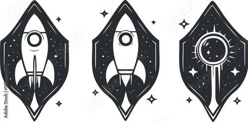 Black and white vector illustration of rockets and cosmic symbols representing space exploration and futuristic technology.