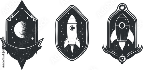 Set of three black and white space-themed badges featuring a moon and rockets in vintage style