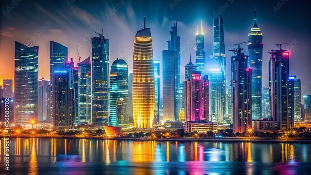 Fototapeta premium Doha Skyline Night Photography - Futuristic Cityscape, AI Generated Image