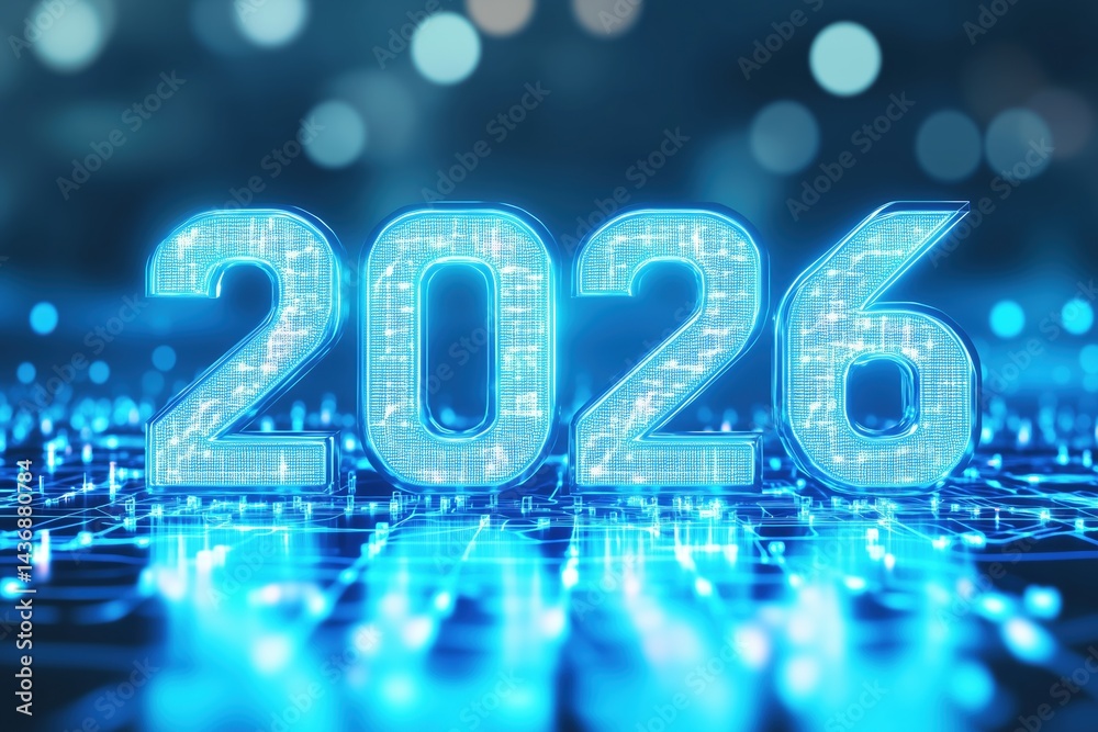 Dynamic rendering of 2026 in neon blue lights against a digital background