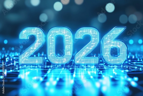 Obraz na płótnie Dynamic rendering of 2026 in neon blue lights against a digital background w salonie
