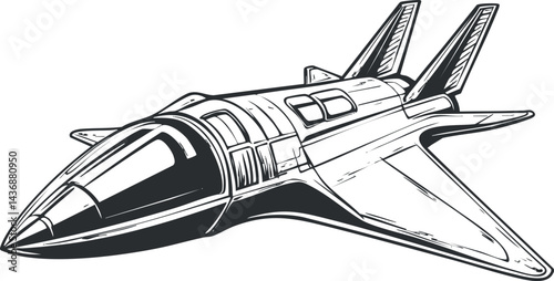 Black and white detailed illustration of a futuristic space shuttle flying through space