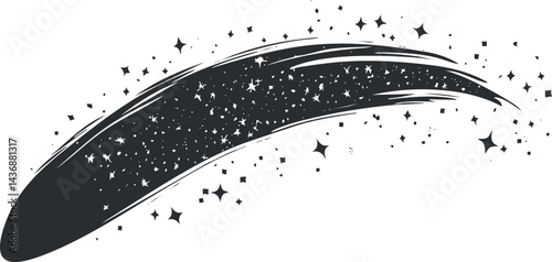 Illustration of a black and white shooting star or comet with sparkling trail and glowing effects