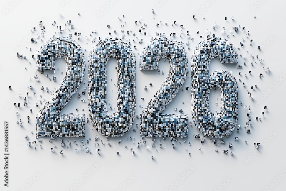 Dynamic 2026 render made of colorful cubes scattered in a creative arrangement