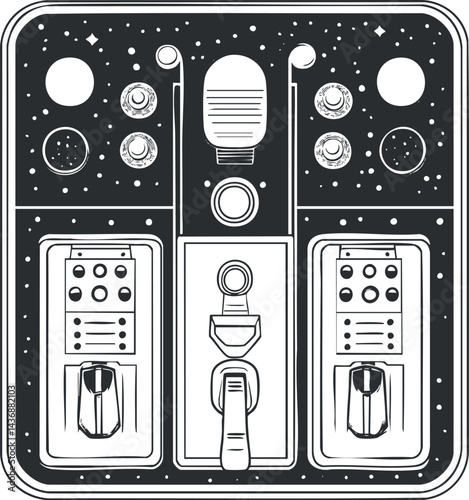 Black and white illustration of a modern espresso coffee machine with handles and control knobs