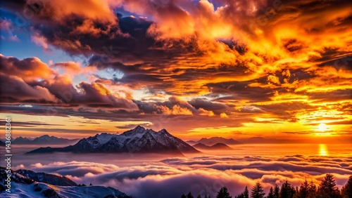 Dramatic Winter Sunset: Cloudy Sky, Mountain Range, Ocean View