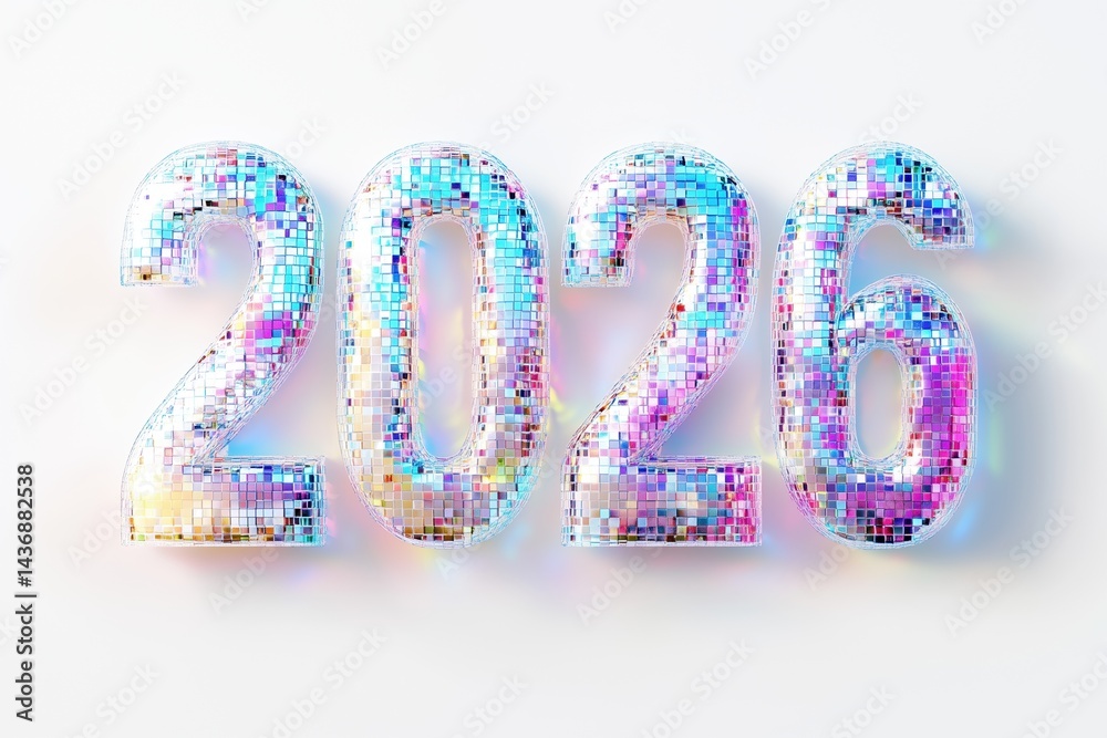 Create vibrant and dynamic 2026 text representation using colorful disco mirrors