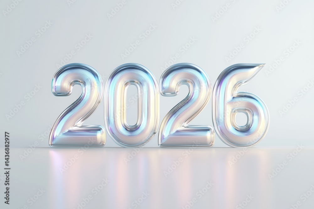Three dimensional glossy text representing the year 2026 reflecting light and color