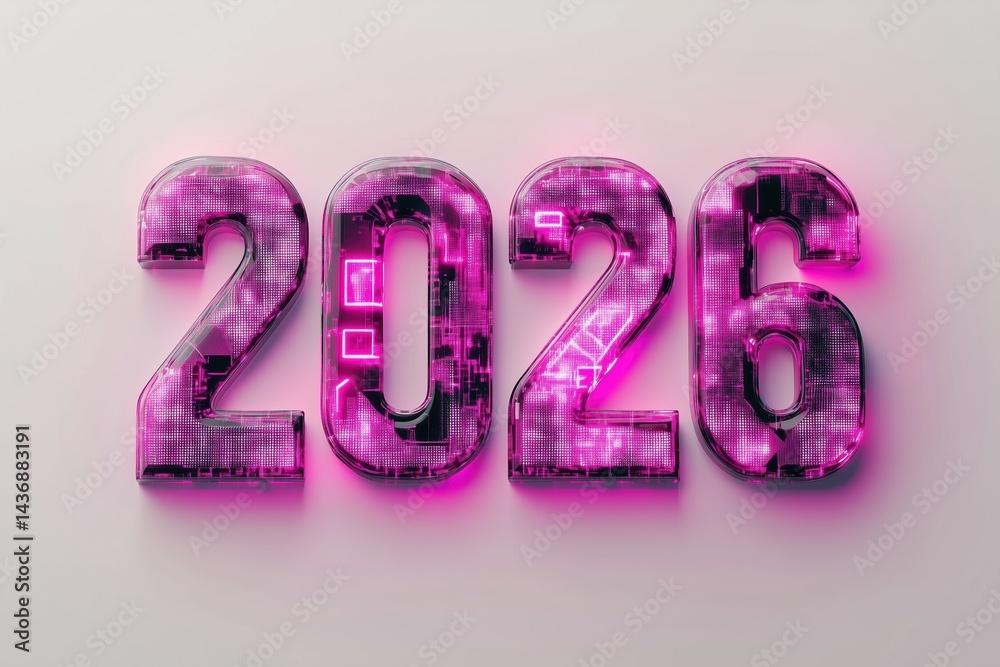 Vibrant pink digital representation of the year 2026 on a neutral background