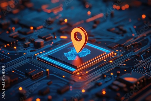 Glowing Orange Location Pin on a Computer Chip