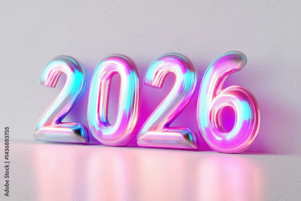 Colorful render of the number 2026 reflecting a vibrant design on a neutral background