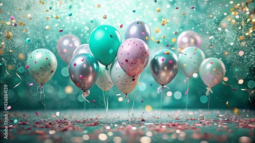 Elegant 28th Birthday Party: Teal Background, Polka Dot Balloons, Silver & Confetti
