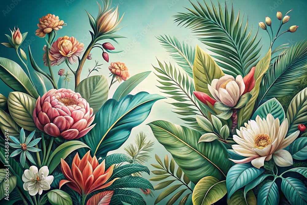 Obraz premium Elegant Botanical Illustration: Exotic Flowers & Lush Foliage in Vintage Style