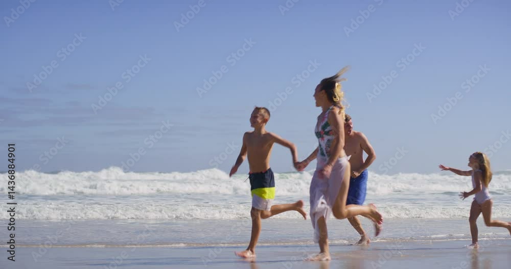 Waves, parents and kids with running on beach, family vacation and bonding by seaside. Playful, mother and father with children for holiday journey, connection and happy with holding hands on ocean
