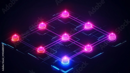 Cybernetic Network Infographic Connecting Bright Neon Points Forming Futuristic Technology Grid