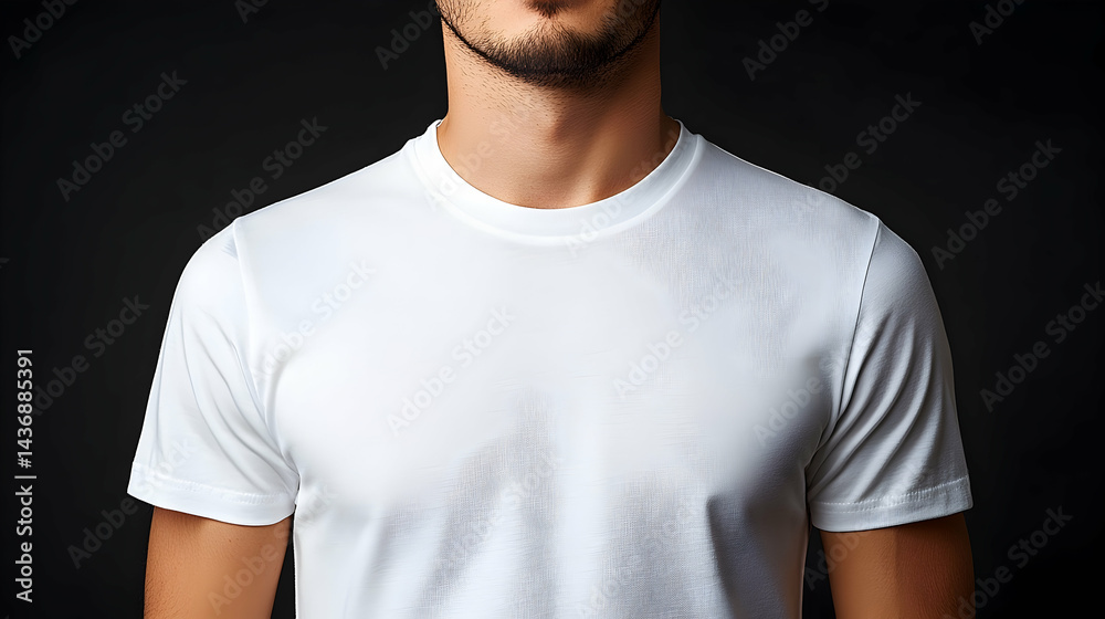 Close-up view of a plain white t-shirt on a person. Close-up view of a plain white t-shirt on a person.