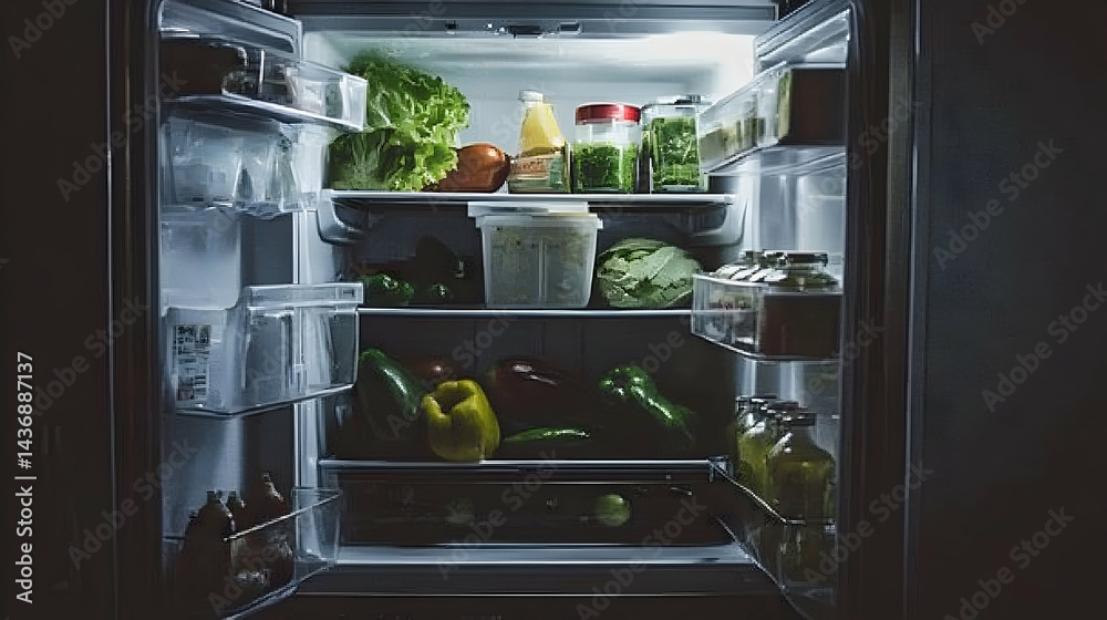 Stocked refrigerator interior with produce Stocked refrigerator interior with produce