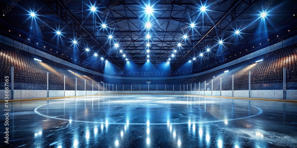 Empty Hockey Rink at Night: Dramatic Ice and Lighting Stock Photo