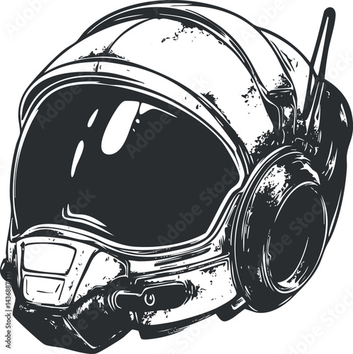 Black and white illustration of a futuristic astronaut helmet with visor and communication gear for space exploration