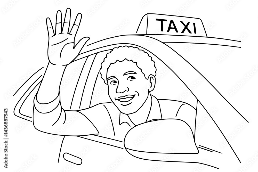 Desenho vetorial minimalista de motorista de táxi brasileiro acenando da janela do carro em fundo branco