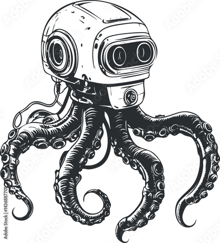 Black and white illustration of a futuristic robot with octopus tentacles combining technology and marine life elements