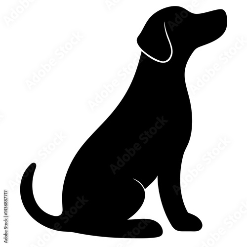 A black silhouette of a dog sitting and looking upwards. isolated on white background