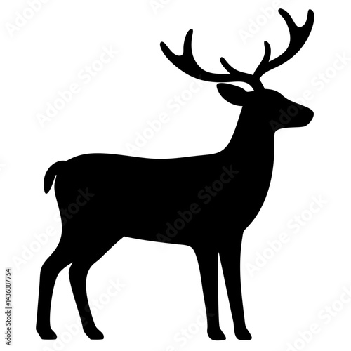  A black silhouette of a standing deer with large antlers, depicted in a simple and elegant style against a white background 