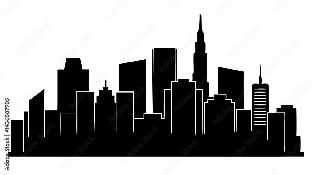 Obraz premium A minimalist black silhouette of a city skyline with various skyscrapers and buildings, conveying a sense of urban landscape and architecture 
