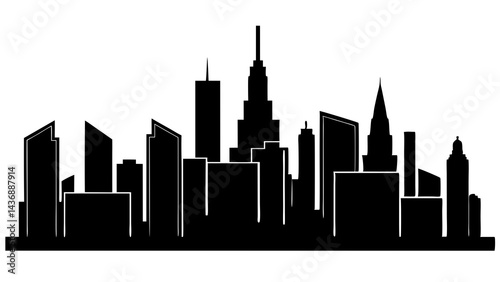  A minimalist black silhouette of a city skyline with various skyscrapers and buildings, conveying a sense of urban landscape and architecture 