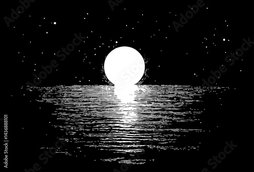 Full moon reflecting on the ocean waves at night in detailed black and white engraving style