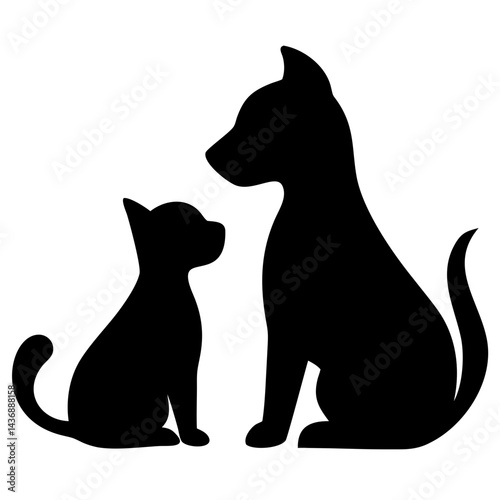 Black silhouette of a dog and cat sitting together on a white background
