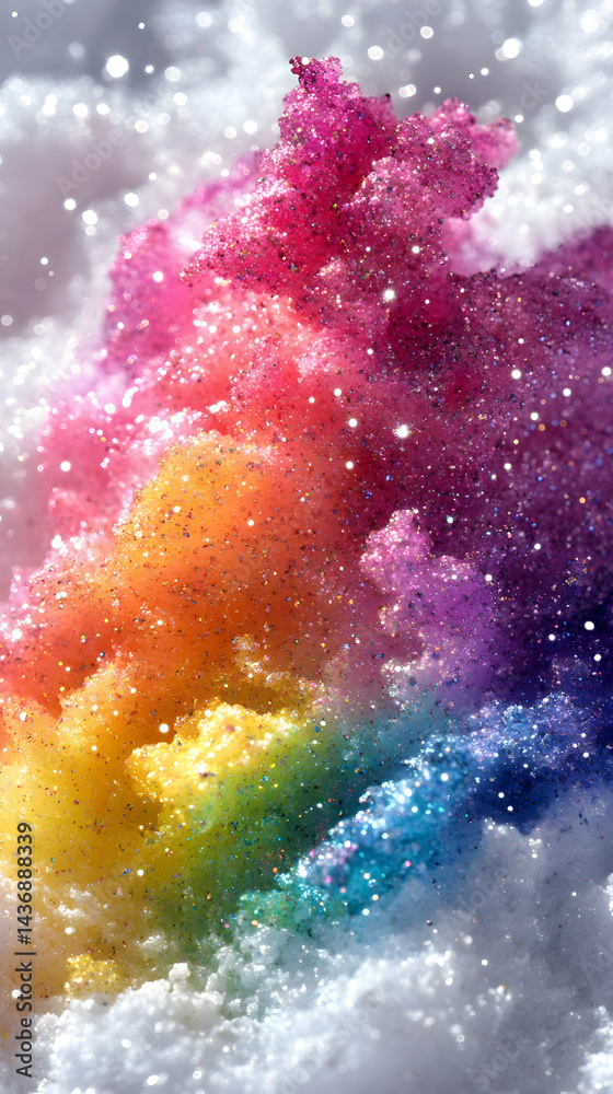 Fototapeta premium Rainbow glitter explosion on white Sparkling colorful textured