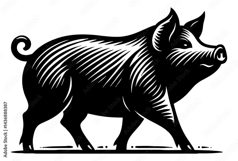 Fototapeta premium Detailed Black and White Illustration of a Walking Pig with Striped Pattern