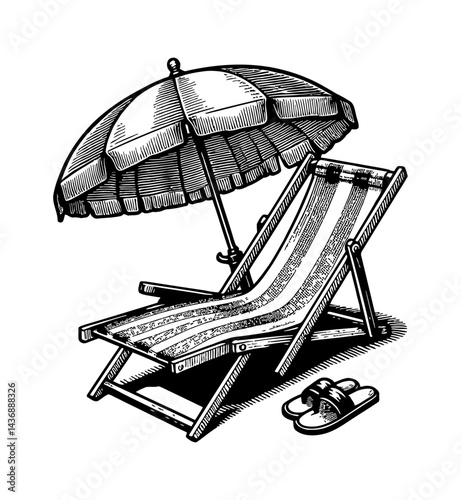 Summer Relaxation with Deck Chair, Umbrella, and Sandals in Engraved Style