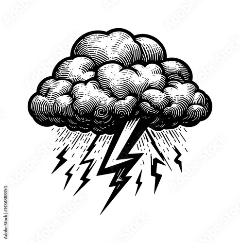 Engraved Cloud Bursting with Lightning and Rain, a Vector Illustration on White