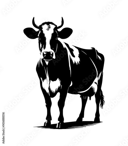 Black and White Vector Illustration of Standing Dairy Cow on White Background