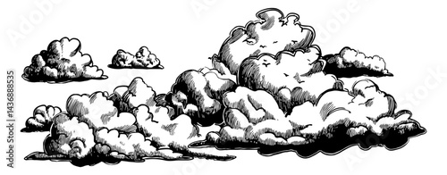 Detailed Black and White Cloudscape Etching of Fluffy Cumulus Clouds in Sky