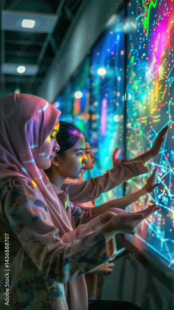 Fototapeta premium Muslim Hijab Students wearing headscarves are engaged in an interactive learning activity on a colorful, high-tech blackboard. Interactive Learning Experience
