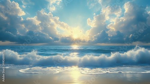 Serene ocean waves crash gently on a sandy shore illuminated by a radiant sunrise The sky is filled with fluffy clouds