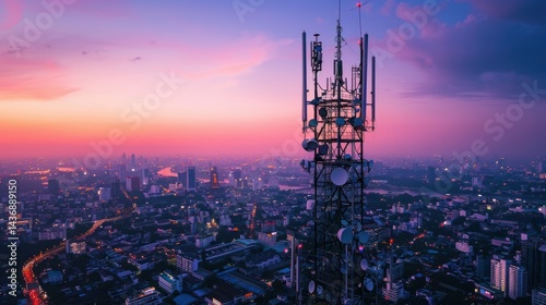 Antenna communication technology with city background. Communication tower connect to data of smart city. Telecommunication 5G
